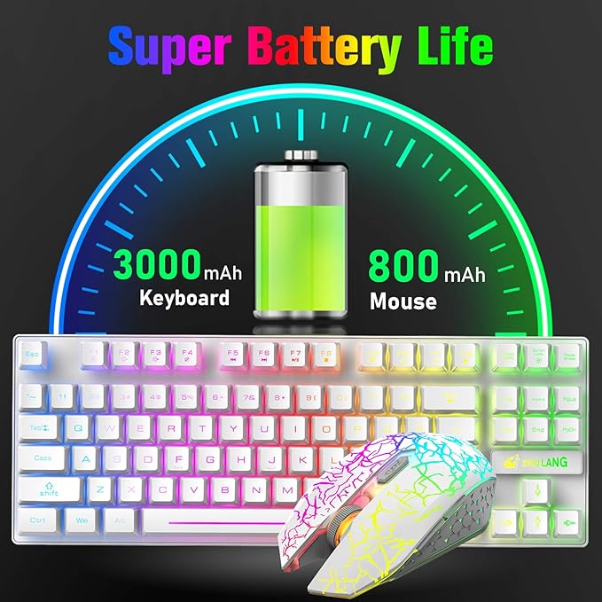 LexonElec Wireless RGB Backlit Gaming Keyboard Mouse ComboRechargeable 3800mAh Battery 87-Key Mechanical Feel Keyboard Quiet Mouse and Mouse Pad for Gamers and Office Typists(White)