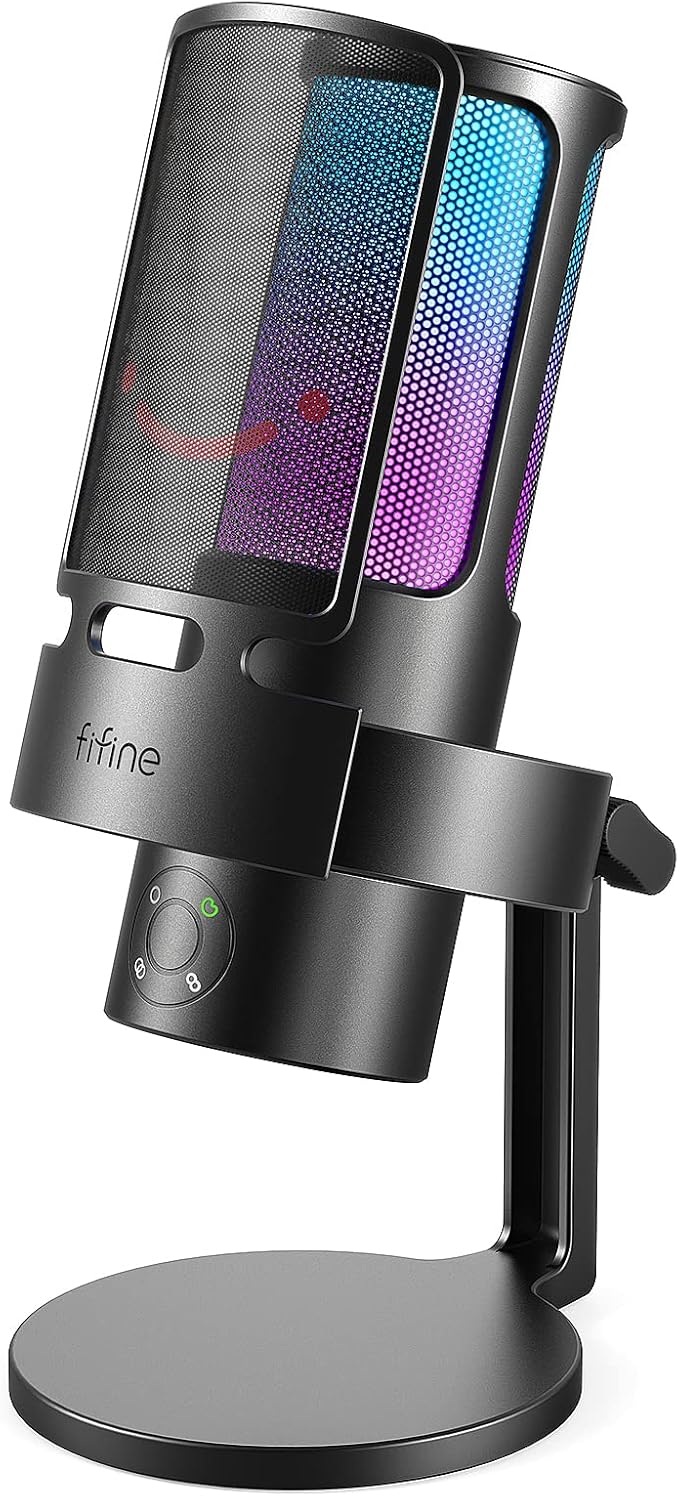 FIFINE Gaming USB Microphone PC Computer Mic with 4 Polar Patterns for Podcast Streaming Recording YouTube RGB Condenser Desktop Mic for Windows Mac with Headphone Jack-AmpliGame A8 Plus