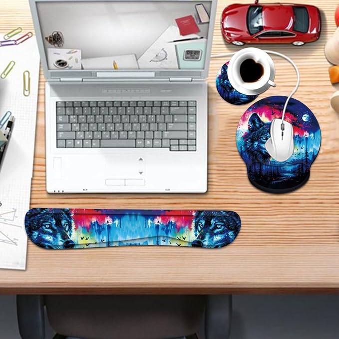 Keyboard Wrist Rest and Mouse Pad Wrist Support Set with CoasterComfortable for Easy TypingPain ReliefMemory Foam Keyboard Pad Set for Laptop MacForest Wolf
