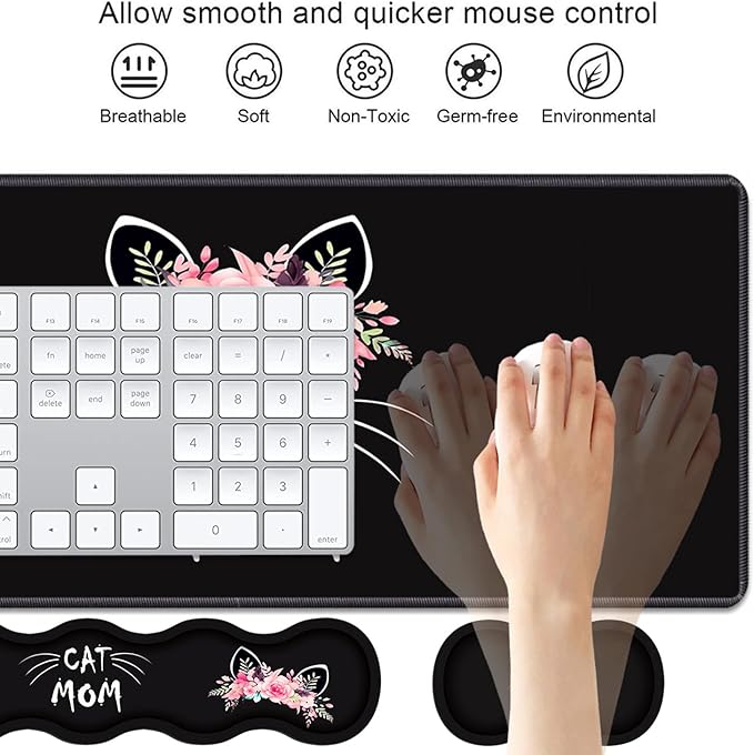 4 in 1 Ergonomic Keyboard Wrist Rest &amp Mouse Pad Wrist Rest Set Large XXL Gaming Desk Mat 31.5x 11.8 with Non-Slip Base Memory Foam for Home Office Study Gaming Cat Mom Floral
