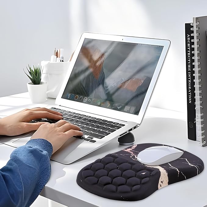 Mouse Pad Wrist Support Ergonomic Mouse Pad with Wrist Rest Comfortable Computer Mouse Pad for Laptop Pain Relief Mousepad with Non-Slip PU Base Black Gold Marble