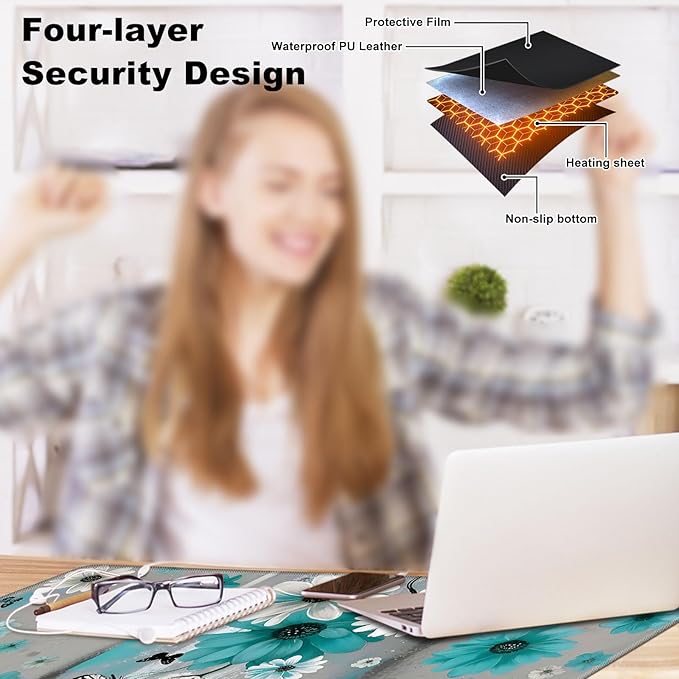 Heated Desk Pad 31.5 x 13 3 Large Heated Mouse Pad with Heat Levels (40°C/45°C/50°C) &amp 3H Auto Shut-Off Desk Mat Fast Heating PU Leather Warmer Mousepad for Home OfficeSunflowers and Butterflie
