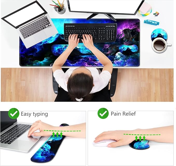 AIMSA Keyboard Mouse Pad Wrist Rest Set Extended Desk Mat+ Ergonomic Mouse Pad with Wrist Rest+ Keyboard Wrist Support+ Coaster 35x15.7in Large Mousepad for Home Office Nebula Galaxy