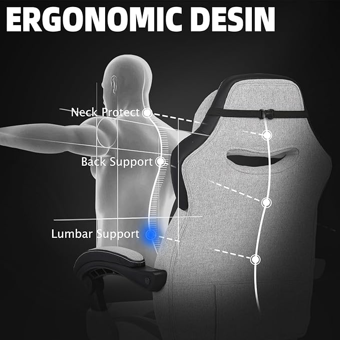 Vonesse Gaming Chair Reclining Fabric Gaming Chairs for Adults 250LBS Office Chair with Pocket Spring Cushion Computer Chair with Footrest and Massage Lumbar Support (Light Gray)