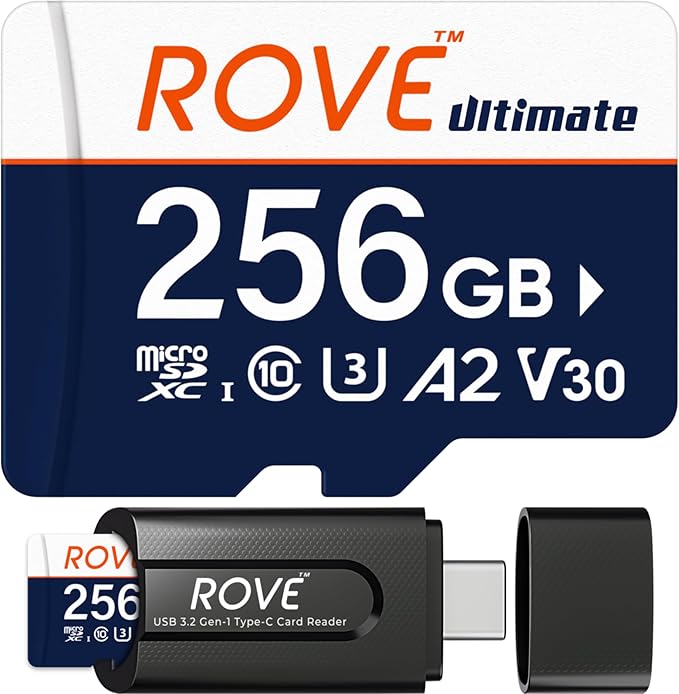 ROVE Ultimate Micro SD Card microSDXC 256GB Memory Card with USB 3.2 Type C Card Reader 170MB/s C10 U3 V30 4K A2 for Dash Cam Android Smart Phones Tablets Games