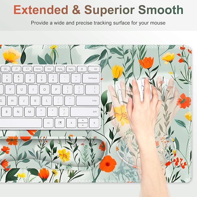 Large Gaming Mouse Pad Set 4 in 1 Ergonomics Keyboard Desk Mat Memory Foam Wrist Rest Computer PC Extended Game Mousepad Non-Slip Desk Matt Easy Typing Pain Relief I Blooming Orange Florals