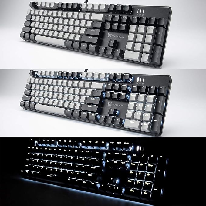 104 Keys Wired Mechanical Gaming Keyboard | White LED Backlit US Layout | Hot Swappable Blue Switch Full Size Mechanical Keyboard | Black &amp Grey Keycaps Light Up PC Gaming Computer Keyboards