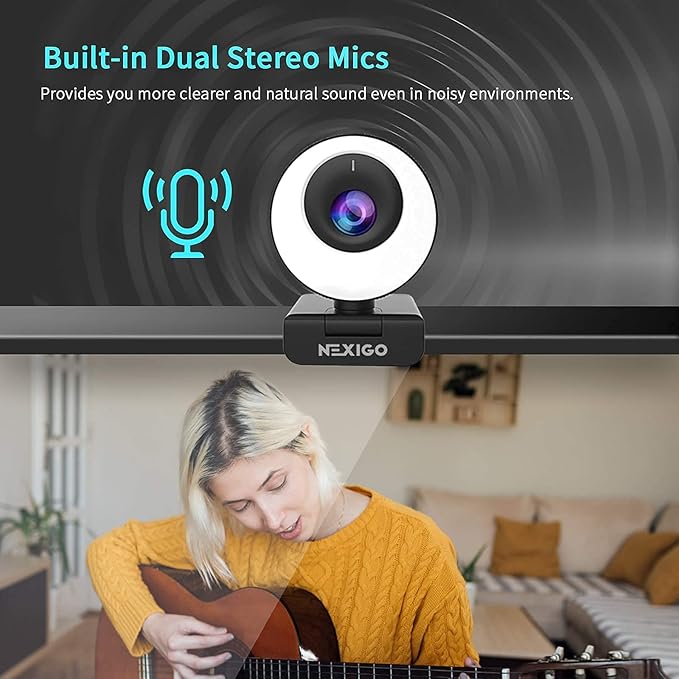 NexiGo N620E Webcam with Light 1080P 60FPS AutoFocus ePTZ 2X Digital Zoom Plug and Play [Software Included] FHD Streaming Web Camera Dual Stereo Mics for Zoom Skype Teams PC Mac Laptop Desktop