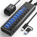 Powered USB Hub 3.210-Port USB 3.2/USB C Hub (10Gbps USB-A 3.2 +2 USB-C 3.2 +7 USB 3.0 Ports) with Individual On/Off Switches and 12V Power Adapter Aluminum USB Hub Powered for Laptop PC