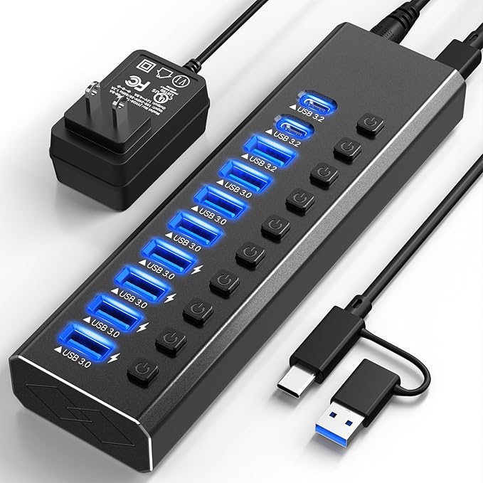 Powered USB Hub 3.210-Port USB 3.2/USB C Hub (10Gbps USB-A 3.2 +2 USB-C 3.2 +7 USB 3.0 Ports) with Individual On/Off Switches and 12V Power Adapter Aluminum USB Hub Powered for Laptop PC