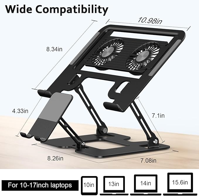 Laptop Cooling Stand with Detachable Fan2-IN-1 Laptop Stand with Phone Holder and Silent FansAdjustable Height and AngleCarbon Steel FrameworkLaptop Cooling Pad for up to 16”Laptop (Black)