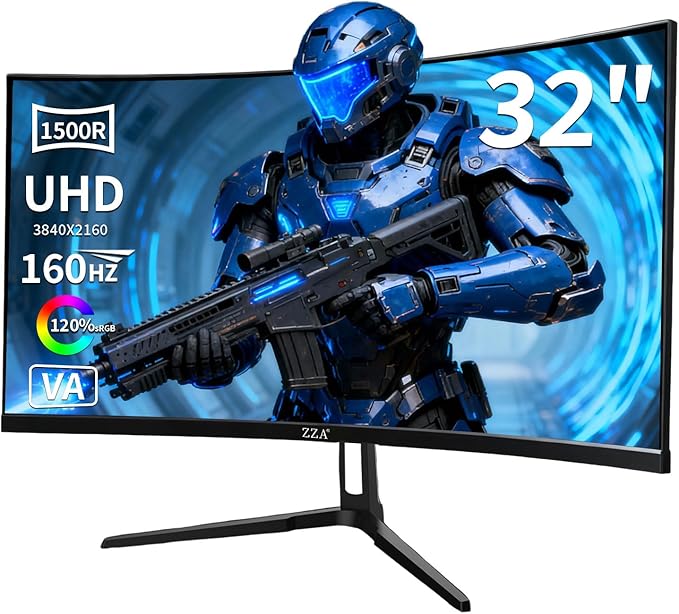 ZZA 32 Curved Gaming Monitor 4k UHD(3840 * 2160P) VA Screen 1500R 144Hz/160Hz Computer Moniter Supports AMD Freesync 120% sRGB HDR10 Wall Mountable Installs(HDMI 2.1 * 2/DP 1.4 * 2)-Black