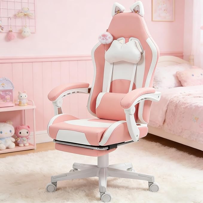 Gaming Chair with Footrest Cute Cat Gamer Chair with Reclining Massage Lumbar Support and Headrest for Cute Home Office Setup Pink