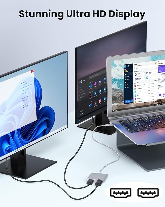 USB C to Dual HDTV Adapter Silver 19.7in Braided Cable with 4K@60Hz with 100W PD USB-A Support C to 2 HD Splitter Extended Display for Type C Devices (MacOS only Mirrors Same Screen)