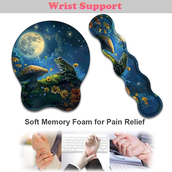3 in 1 Keyboard Wrist Rest + Mouse Pad and Coaster Ergonomic Gel Mouse Pad and Keyboard Pad Set Comfortable Lightweight for Easy Typing Pain Relie Frog Mushroom