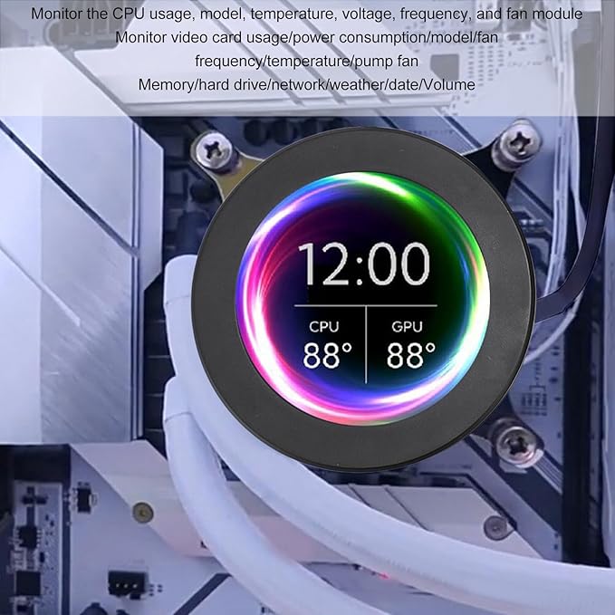 2.1inch AIO Computer Temp Monitor CPU Cooler LCD Display Screen Upgrade Kit PC Sensor Panel CPU Temp Monitor for Water Cooling Systems for aida64 (Black)