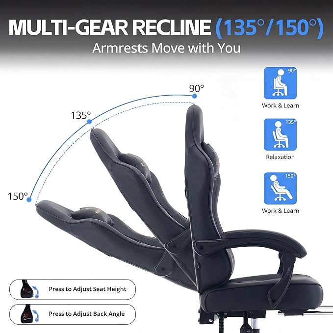 Desk Computer Gaming Chair - High Back Ergonomic Office Chair with Footrest and Lumbar Support Swivel Comfy Home Gamer Video Game Chairs with Pocket Spring Cushion for Adults (Black Leather)