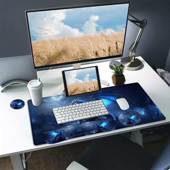 Large Mouse pad and Keyboard Support Set Ergonomic Memory Foam Keyboard Wrist Rest Extended Gaming Mouse Pad with Stitched Edges Blue Dragon XXL Desk Mat (31.5 X 11.8 in) for Home Office