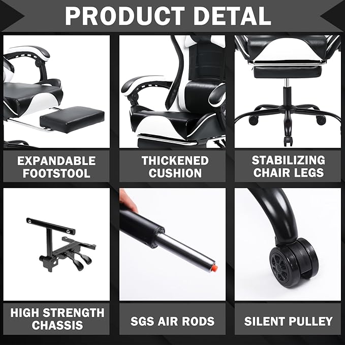 Gaming Chair Computer Chair with Footrest and Lumbar Support Ergonomic Video Game Chair with Headrest and 360°-Swivel Seat Height Adjustable Gamer Chair Office Desk Chair (White)