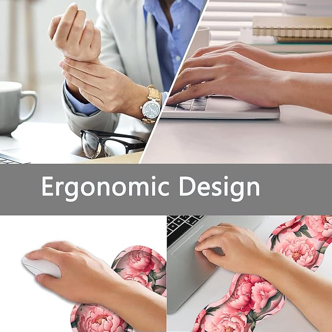 Large Gaming Mouse Pad + Keyboard Wrist Rest + Wrist Support + Coaster Set Memory Foam Ergonomic for Easy Typing XXL Extended Gaming Mouse Pad Table Pad - Art Pink Flowers