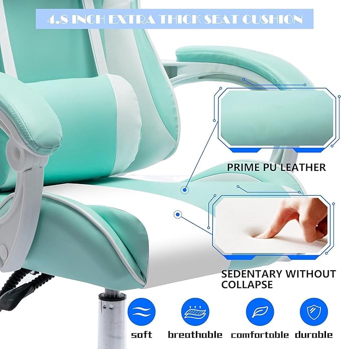 ALEAVIC Gaming Chair with Massager Fabric Gaming Chairs for Adults Ergonomic Gamer Chair with Adjustable Headrest and Lumbar Support Reclining Computer Game Chair High Back Light Blue