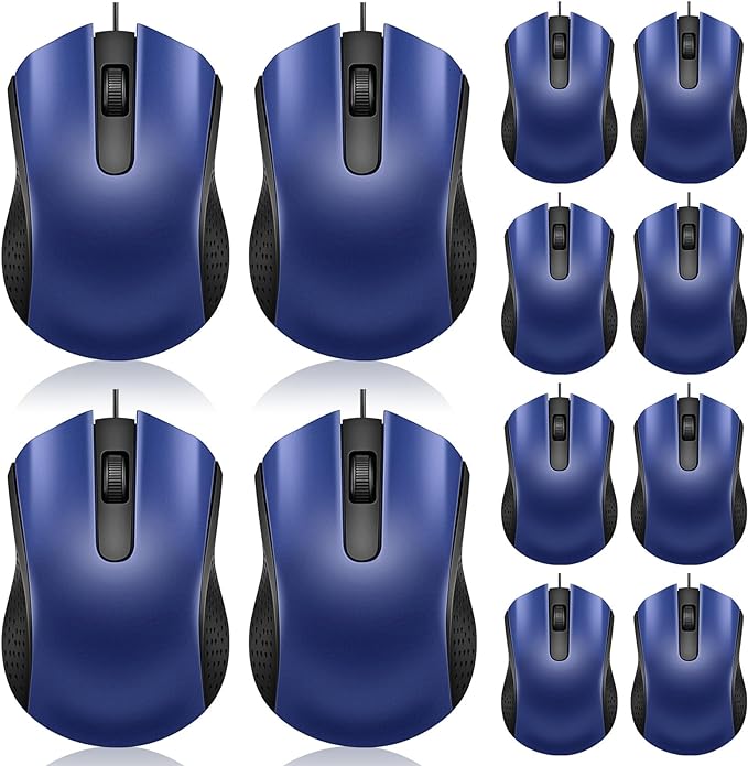Hoteam 12 Pcs Blue Wired Computer Mouse Bulk Cord USB Computer Mice Ergonomic Wired Mouse for Pcs Computers Laptops Gaming Office Home Supplies