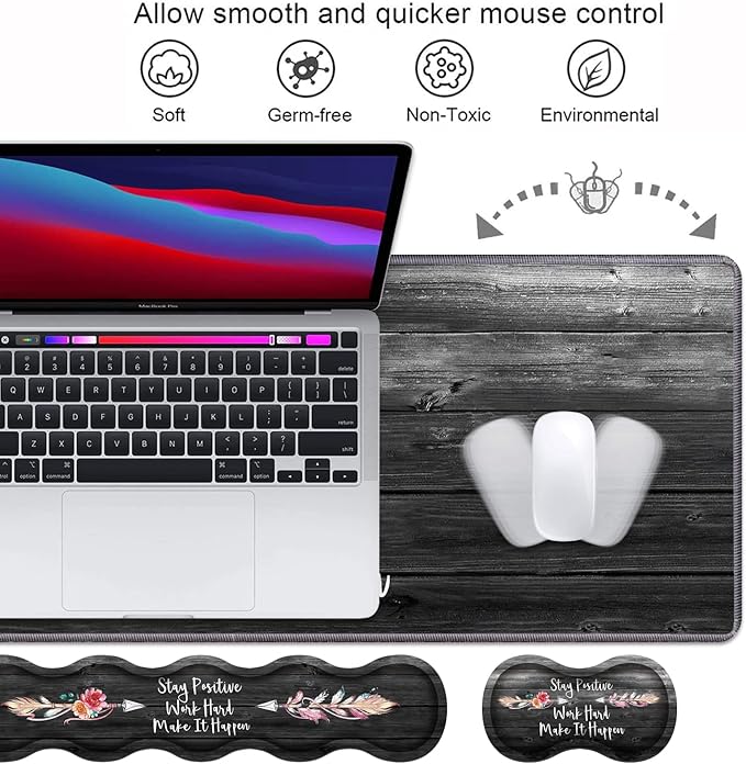 Ergonomic Keyboard Wrist Rest &amp Mouse Pad Wrist Rest Set Stay Positive Work Hard and Make It Happen Pattern Inspirational Quote Large XXL Gaming Desk Mat Memory Foam Easy Typing Pain Relief