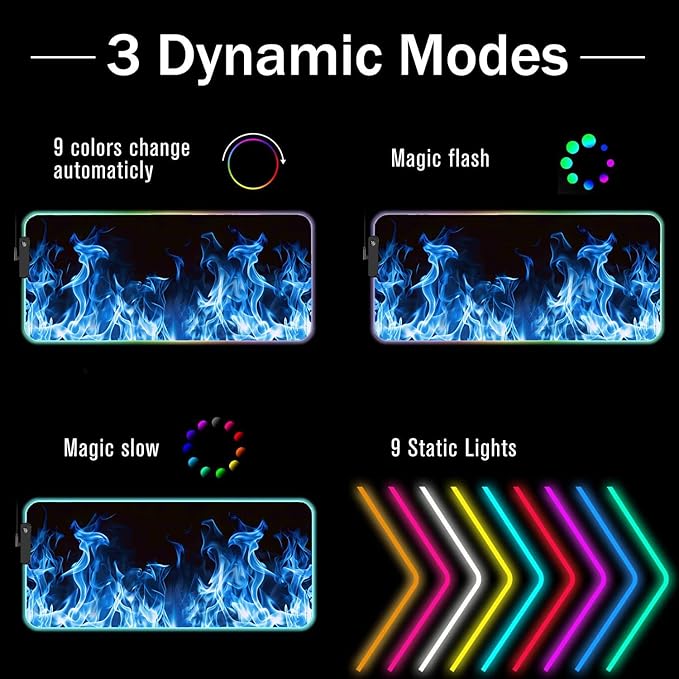 RGB Gaming Mouse Pad with Coffee Coaster XXL Large Glowing LED Mousepad Anti-Slip Rubber Base Computer Keyboard Desk Mouse Mat 31.5 X 11.8 Inch - Blue Flame