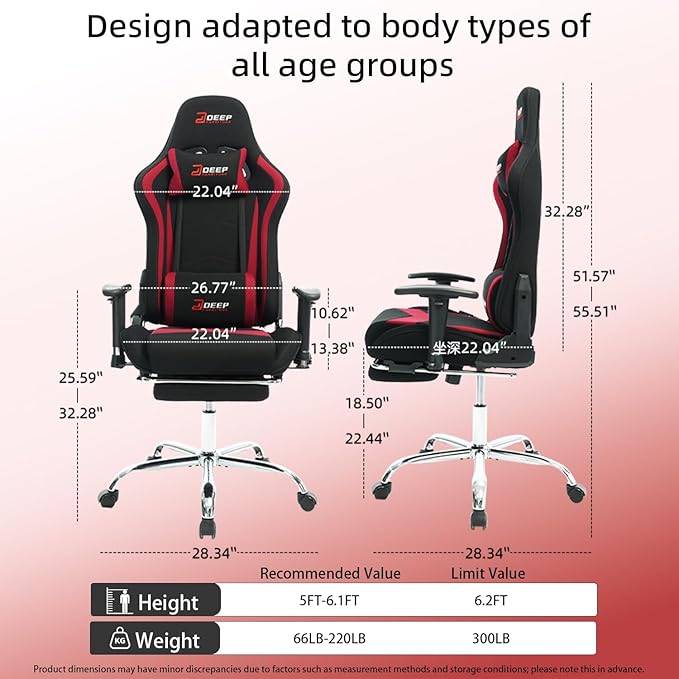 Fabric Gaming Chair Skin-Friendly and Breathable Manufactured by A Reputable Manufacturer Safe and Stable Specially Designed for Gaming.with Footrest Mg(1005-Red)