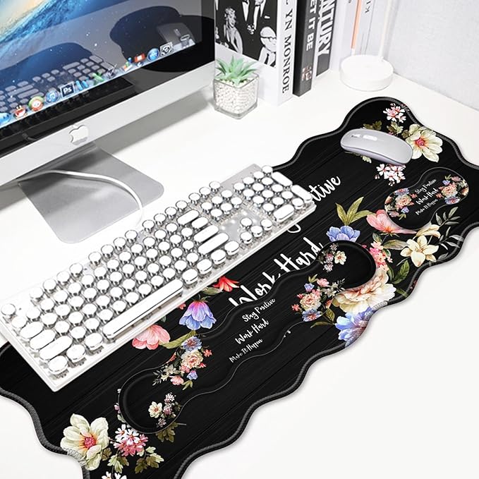 4 in 1 Desk Mat SetMouse Pad with Keyboard Wrist RestWave-Shaped DesignNon-Slip Rubber BaseWaterprooffor HomeOfficeInspirational Quotes