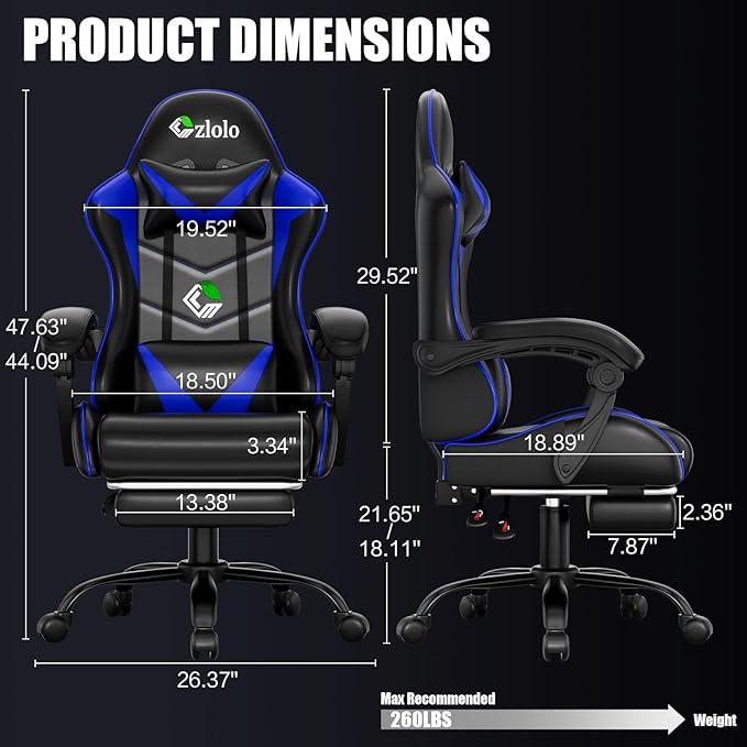 Gaming Chair with Footrest Racing Style Lumbar Support Massager Video Game Chair with Metal Legs High Back Reclining Gamer Chair with Headrest 360° Swivel Office Computer Desk Chair (Blue)