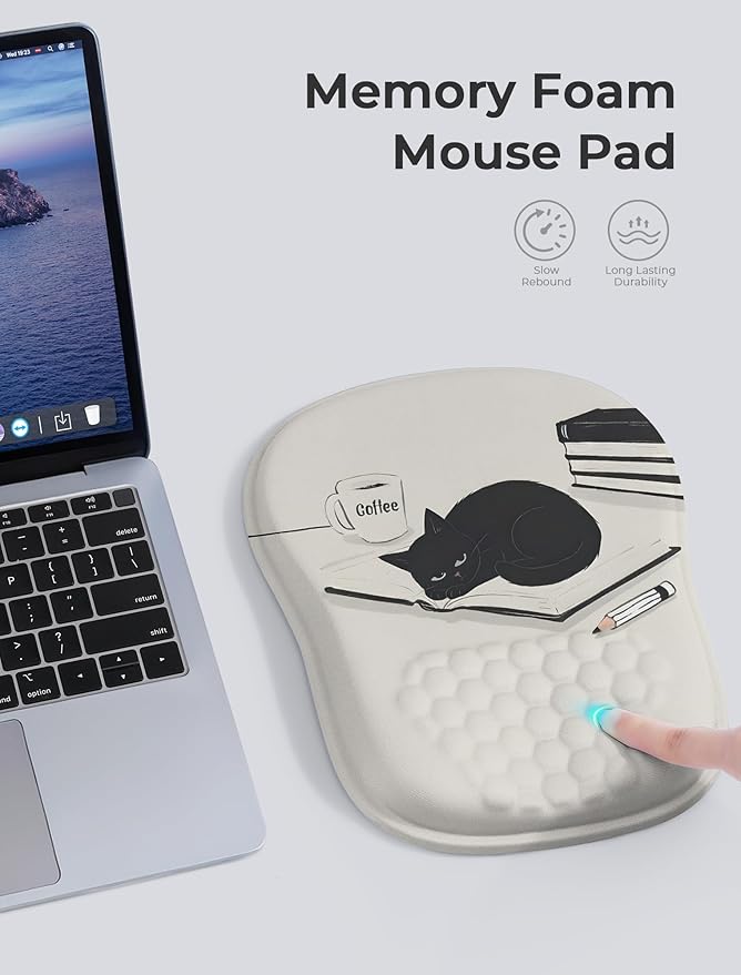 Ergonomic Mouse Pad with Cute Black Cat Design for Carpal Tunnel Pain Relief 65% Usable Mouse Area Memory Foam Concave Wrist Rest for Office PC Gaming
