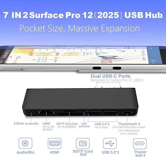 Surface Pro 12 USB Hub Adapter Docking Station with 4K HDMI USB-C Thunderbolt 4 (Display+Data+100W PD) 2 USB 3.0 3.5mm Audio SD/TF Card Slot Accessories for Surface Pro 12 inch 2025