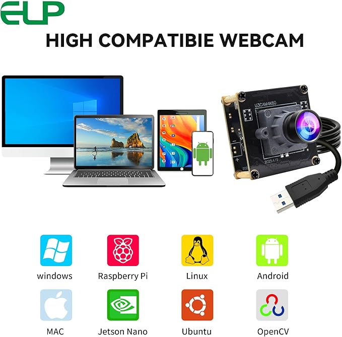 ELP High Speed 4K 60FPS USB Camera Module for Computer Mini UVC 2160P USB3.0/2.0 Lightburn Cameras for Windows Linux Mac Pi Wide Angle 100°(H) IMX678 Webcam Board for PC Laptop Jetson Nano