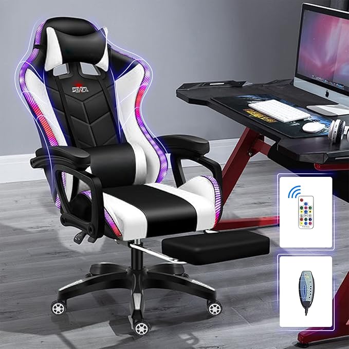 Massage Gaming Chair Racing Computer Desk Office Chairwith speakers and LED Linghts with Headrest Lumbar Support footrest and Adjustable Armrests360° Swivel 135° Reclining  300LB Metal BaseWhite