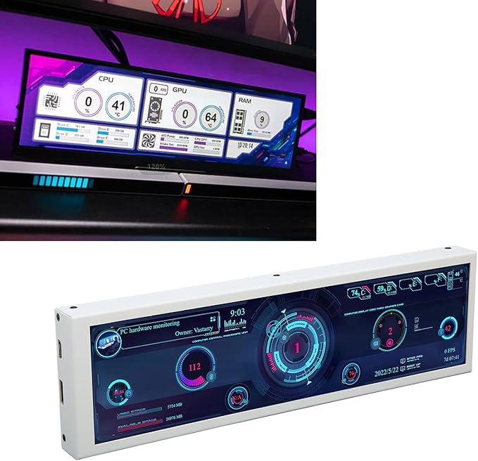 8.8 Inch USB Mini Screen 1920x480 for aida64 PC CPU HDD Data Monitor Computer Temperature Display Mini Secondary Screen PC Temp Monitor Chassis Screen White