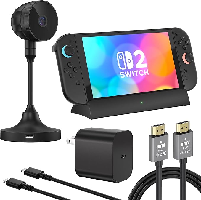 Switch 2 1080P HD USB-C Camera Dual Lens Switching Plug-and-Play 1080P HD Camera. When paired with the Switch 2 TV Dock supports 4K@120Hz HDMI output. Includes a 20V/3A power adapter and HDMI cable