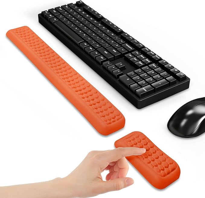 Keyboard Mouse Wrist Rest Pad Comfort Memory Foam Wrist Rest with Non-Slip Silicone Base Leather Surface Ergonomic Keyboard Mouse Wrist Support for Typing Pain Relief (Hermes Orange)