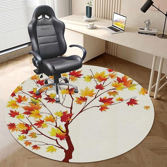 Orange White PU Leather Office Chair Mat for Hardwood and Tile Floor Watercolors Fall Autumn Tree Branches Heavy Duty Floor Mats for Computer Desk Easy Glide for Chairs Fall Image Diameter 39.4 in