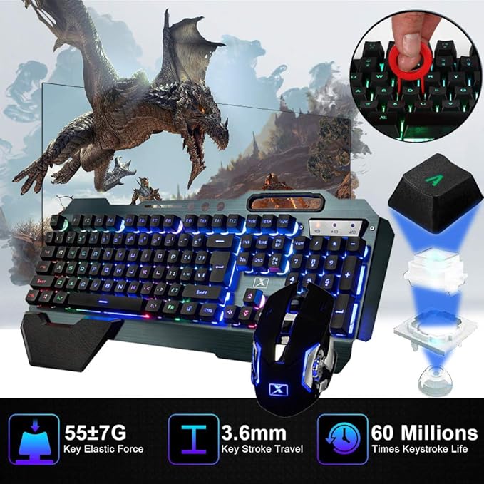 Wireless Gaming Keyboard and MouseRainbow Backlit Rechargeable Keyboard Mouse with 3800mAh Battery Metal PanelRemovable Hand Rest Mechanical Feel Keyboard and 7 Color Gaming Mute Mice for PC Gamers