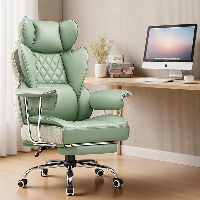 COMHOMA Big and Tall Office Chair High Back Leather Gaming Chair with Footrest Executive Ergonomic Office Chairs with Pocket Spring Lumbar Support and with Outward Fixed Soft Armrests