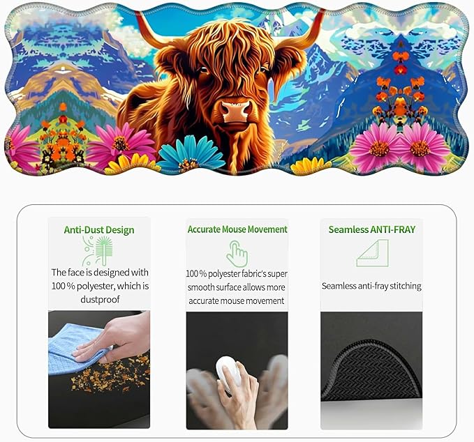 3-Piece Ergonomic Desk Mat &amp Cloud Wrist Rest Set Large 31.5 x 11.8 Wave Office Desk Pad with Memory Foam Support Non-Slip Computer Protector for Home Gaming Mountain Flower Cow