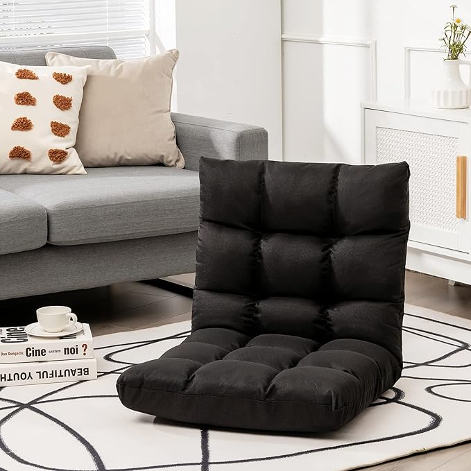 Giantex Adjustable Floor Gaming Sofa Chair 14-Position Cushioned Folding Lazy Recliner High Resilience Sponge Breathable Cotton &amp Linen Fabric Sleeper Bed Couch Recliner with Removable Cover (Bla
