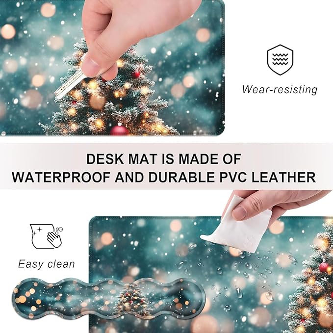 Mouse PadLarge Desk Mat Set 4in1 XL Mousepad + Keyboard Wrist Rest+Mouse Wrist Rest+Coaster with Ergonomic Desk Pad for Home Office Table Computer Cover -Snowy Christmas Tree with Lights