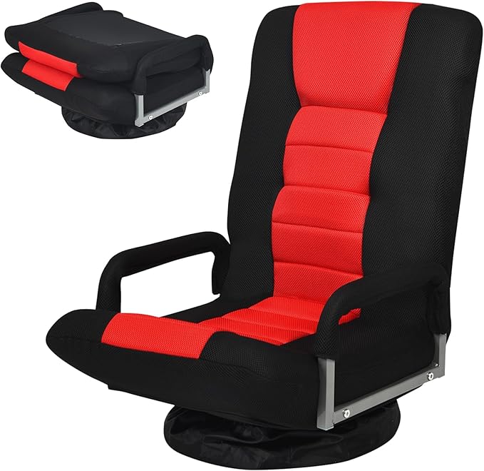 Giantex Gaming Floor Chair - 360 Degree Swivel 6 Adjustable Positions Padded Backrest Armrests Folding Rocker for Games Lazy Sofa Lounger Black/Red