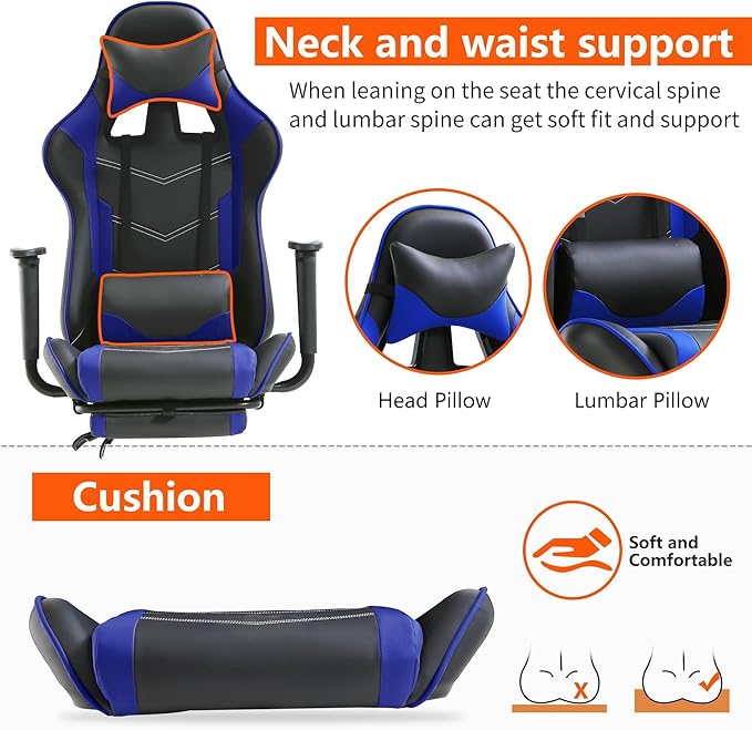 Office Gaming Chair Pu Leather Comfortable Gaming Chair for Adults Gamin Chair with Headrest &amp Lumbar Support Office Chair with Foot Rest &amp Armrest Height Adjustable Computer Chair(Blue)