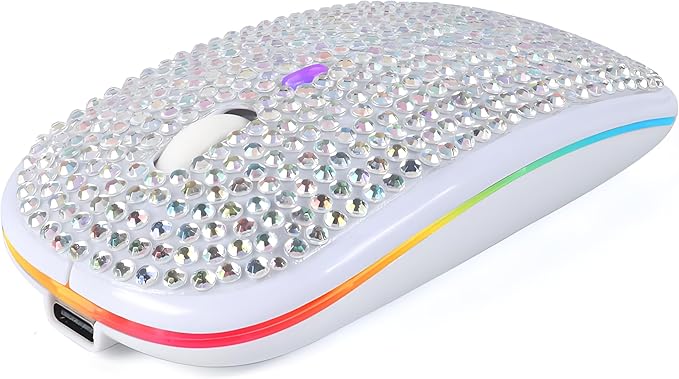Rechargeable Bluetooth Wireless Mouse with Bling Crystal Rhinestones &amp 7-Color LED Lights - Silent Dual Mode Wireless Mouse for Laptops PCs and Macs - Perfect for Office Travel &amp Home Use (