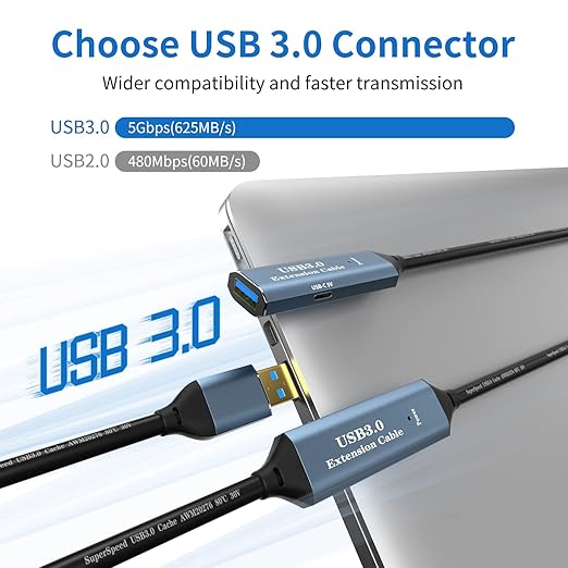 USB 3.0 Extension Cable 100FT Type A Male to Female Active Extender Cord with 4 Extension Chipsets Signal Booster and 1 USB-C Charging Port for Webcam PlayStation Printer Camera
