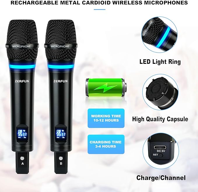 Rechargeable Wireless Microphone System 4 Channel Pro UHF Metal Handheld Wireless Mics Cordless for Church Karaoke Singing with Bluetooth Echo Volume Control 4x50 Frequency(MU-898)