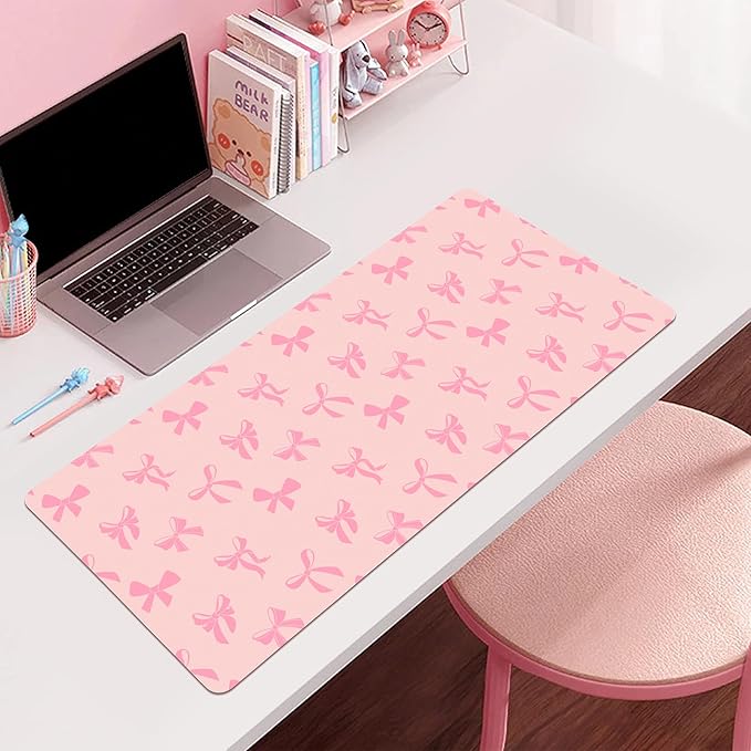 Idocolors Minimalist Pink Bow Desk Mat Pink Extended Gaming Keyboard Mouse Pad Large Cute Kawaii Women Office Desk Mat Protector 31.5x15.7